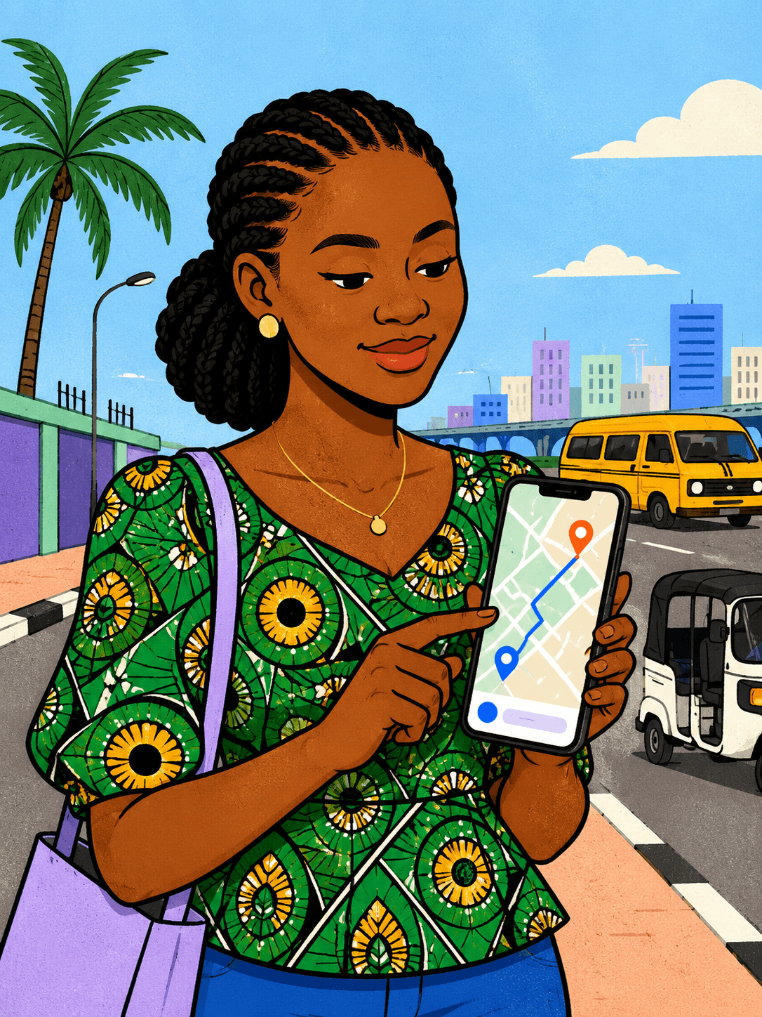 RideFi route search screen on a phone with pickup and destination fields filled in for a Lagos commute